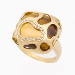 #41632-Anel Monte Carlo em Ouro Amarelo 18K com Olho de Tigre e 11 Pontos de Diamantes